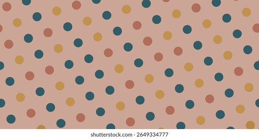 Este padrão sem costura mostra um arranjo repetitivo de pontos polka uniformemente espaçados em azul-petróleo, amarelo mostarda e tons de terracota contra um pano de fundo macio, empoeirado rosa.