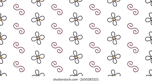 This seamless pattern showcases a repeating arrangement of stylized four-petal flowers with yellow centers, interspersed with elegant maroon swirls on a clean white backdrop.