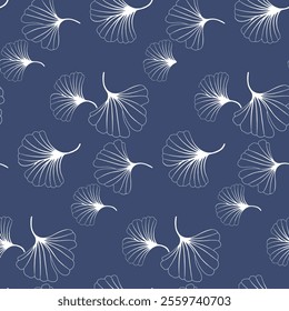 This seamless pattern showcases stylized ginkgo leaves in white lines against a deep blue backdrop.