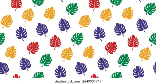 This seamless pattern showcases stylized monstera leaves in four distinct colors. The leaves are arranged in a repeating diagonal grid, creating a lively tropical theme.
