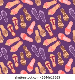 This seamless pattern showcases summer sandals on a dark background, featuring vibrant colors and stylish designs. Ideal for fashion-related projects, beachwear, or seasonal marketing materials.