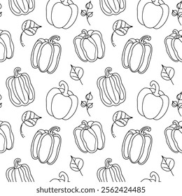 Este patrón sin fisuras muestra pimientos dulces dibujados a mano en un estilo doodle con contornos negros. Ideal para su uso en textiles, Fondos de pantalla y diseños relacionados con la alimentación, aportando un toque fresco.