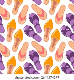 This seamless pattern showcases trendy summer sandals, perfect for capturing the spirit of sunny days. Ideal for fashion projects, beachwear, and vibrant designs that celebrate summer style and warmth