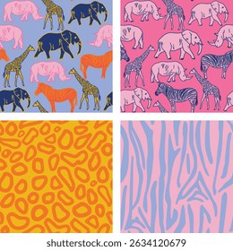 This seamless pattern showcases a variety of iconic safari animals illustrated in a clean, minimal vector style. 