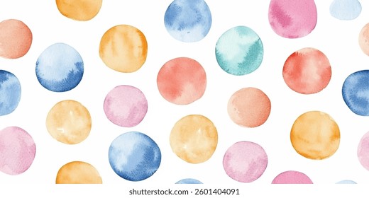 This seamless pattern showcases vibrant watercolor polka dots in shades of blue, pink, orange, and green arranged artfully across a white background, perfect for designers seeking a playful touch