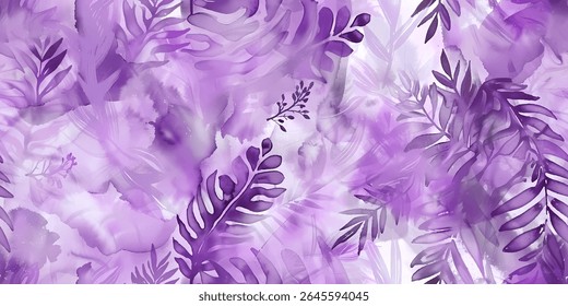 This seamless pattern showcases vibrant watercolor leaves in shades of purple, blending beautifully into an abstract background that adds an artistic touch to any project or design