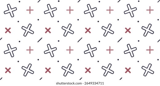 Este padrão sem costura mostra um arranjo caprichoso de cruzes azul marinho, maroon mais sinais, e pequenos pontos e traços pretos, criando uma textura visual encantadora.