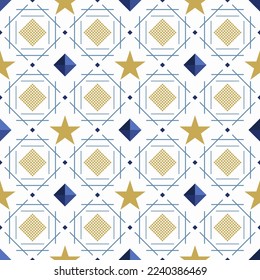 In this seamless pattern, stars and golden yellow diagonal grid are arranged in a cross-shape polygonal frame. Along with creating a distinctive diamond square, gradient like gems on white background 