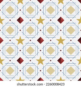 In this seamless pattern, stars and golden yellow diagonal grid are arranged in a cross shaped polygonal frame. Along with creating a distinctive diamond square, gradient like gems on white background