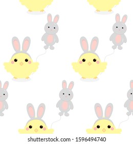 This is seamless pattern texture of cartoon chicken and hare. Chick with balloon. Cute illustration on white background. Could be used for Easter Day, carnival decorations.