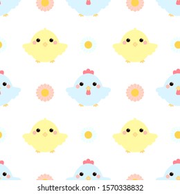 This is seamless pattern texture of chicken and flower on white background. Could be used for. decorations Easter Day.