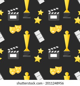 This is a seamless pattern texture of cinema objects on a black background. Vector wrapping paper.