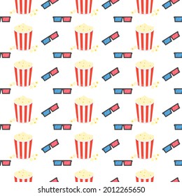 This is a seamless pattern texture of cinema objects on a white background. Vector wrapping paper.