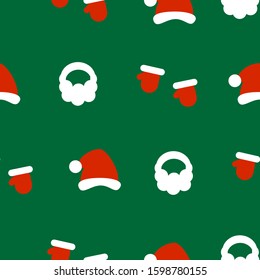 This is seamless pattern texture of Santa’s Claus hat and gloves, beard on green background. Cartoon  illustration. Wrapping paper.