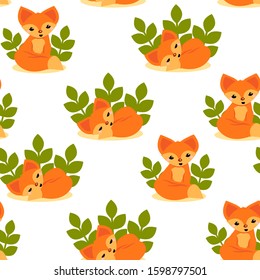 This is seamless pattern texture of fox. Cute cartoon wallpaper on white background.
