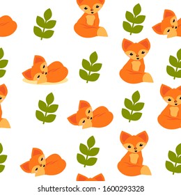 This is seamless pattern texture of fox. Cute cartoon wallpaper on white background. Wrapping paper.