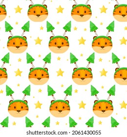 This is a seamless pattern with a tiger and a carnival hoop on a white background.