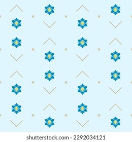 In this seamless pattern, use the blooming blue flower are arranged in groups of two each and took each group to arrange beautifully on blue tone background. Make it look cute, beautiful and clean.