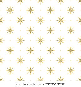 In this seamless pattern, yellow and brown diamonds are arranged to form a circle of crystals, surrounded by yellow and brown circle dots. Place it on a soft yellow background.