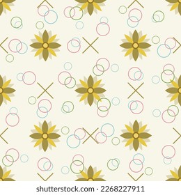 In this seamless pattern, the yellow floral arrangement stands out. It is decorated with circles that look like floating bubbles. Against a solid color background, it looks beautiful, warm and cute.