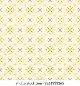 In this seamless pattern, yellow starburst are arranged around a small pink starburst decorated with small yellow starburst. On the yellow background, it looks beautiful, charming and delicate.