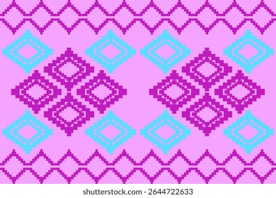 This seamless pixel art pattern takes inspiration from traditional Thai weaving motifs, simplified into soft geometric diamond shapes in a pastel palette of lilac purple and mint green on a light pink