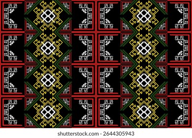 This seamless pixel art textile design is inspired by traditional Southeast Asian weaving, featuring symmetrical yellow diamond motifs, red cross-style frames, and geometric tribal patterns. The intri