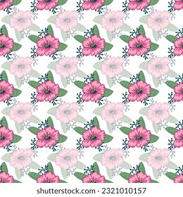 This seamless repeat pattern design features softly faded pink flowers and rows of pink flowers on a white background.