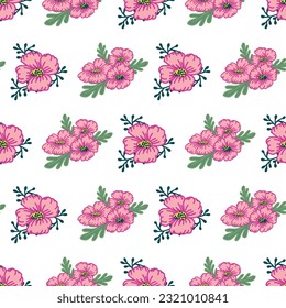 This seamless repeat pattern design features horizontal rows of pink flowers on a white background.