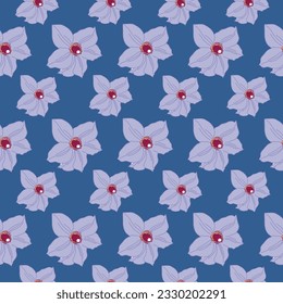 This seamless repeat pattern design features a purple Clematis Ramona with a dark red anthers on a navy blue background.