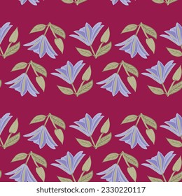 This seamless repeat pattern design features purple Clematis Ramona blossoms just opening on an alizarin crimson background.