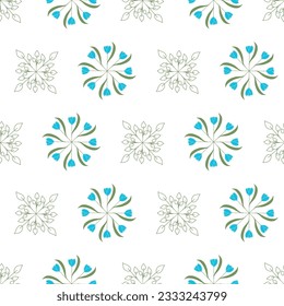 This seamless repeat pattern design features wheels of green line art leaves and teal blue tulips geometrically placed on a white background.