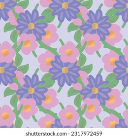 This seamless repeat pattern features a softened palette of lavender, purple, blue, pink, green and yellow that creates a design of blue daisies and pink flowers on a lavender background.