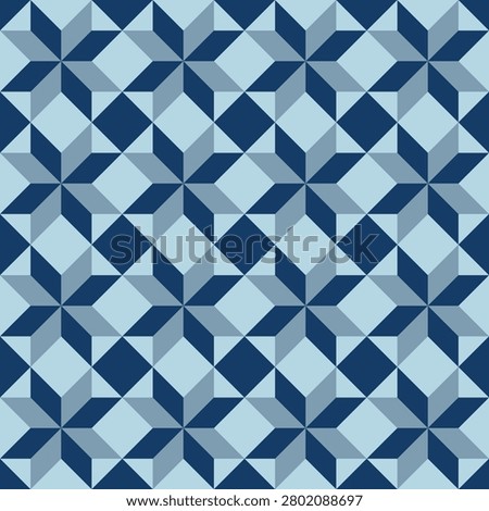 This is a seamless, repeating geometric tessellation featuring interlocking six-pointed stars and diamond lozenge motifs. The design utilizes a cool, calming monochromatic palette consisting of three distinct shades of blue deep navy, a cool steel-grey blue, and a pale icy blue. The clean, sharp angles and flat-color rendering give the pattern a highly modern, minimalist, and symmetrical aesthetic, reminiscent of a traditional quilt or tiled mosaic.