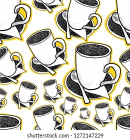 This seamless repeating pattern is made up of simple illustrations of a coffee cup. The colors are stark and simple, black white and bright yellow.