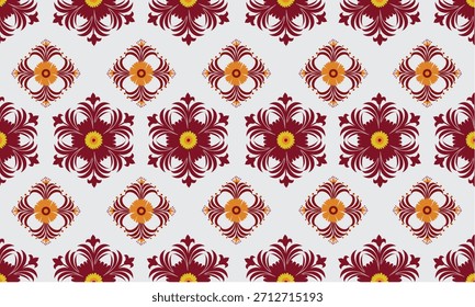 Dieses nahtlose, thailändisch inspirierte Blumenmuster besticht durch leuchtend rote und orangefarbene Blütenmotive, die in einem harmonischen geometrischen Layout angeordnet sind. Das Kunstwerk symbolisiert Freude, Wohlstand und positive Energie - reflektieren