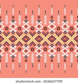 This seamless tribal geometric pattern features ethnic pixel art style with bold peach and earthy tones. Inspired by traditional textiles, this design is ideal for fabric printing, digital paper, back
