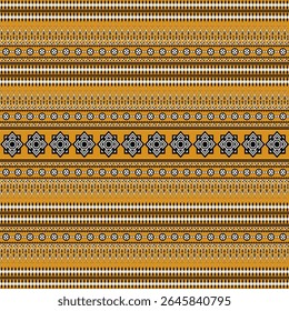 Este design de vetor tribal sem costura apresenta uma composição geométrica impressionante em preto e amarelo mostarda. Inspirado em têxteis étnicos tradicionais, o padrão combina motivos de diamante, simbo concêntrico