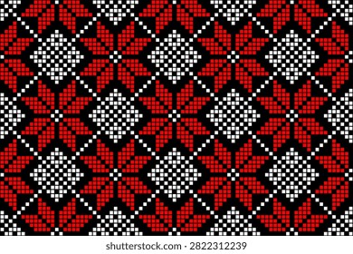 This seamless Ukrainian pixel pattern is inspired by the traditional beauty of Vyshyvanka embroidery and the rich ornamental heritage of Ukraine. The repeating composition combines geometric diamond medallions with stylized four-leaf floral motifs linked by a delicate diagonal lattice, creating a balanced design that repeats seamlessly in every direction. Every decorative element is constructed entirely from precisely aligned square pixels, preserving the recognizable structure of Ukrainian folk ornament while introducing a clean geometric aesthetic.

The striking contrast between red and white motifs on a deep black background creates a bold visual rhythm suitable for both traditional and contemporary creative projects. The seamless repeat makes the pattern ideal for textile printing, fabric collections, wallpaper, wrapping paper, stationery, scrapbook projects, greeting cards, invitations, branding, packaging, home décor, educational materials, digital backgrounds, and surface pattern applications requiring continuous repetition.

Supplied as a fully editable vector illustration, the artwork scales to any size without losing sharp edges or geometric precision. Every motif is built exclusively from square pixels rather than embroidery crosses or circular dots, producing a genuine pixel ornament with a distinctive modern appearance. Inspired by authentic Ukrainian decorative traditions, this vector pattern is an excellent resource for graphic designers, publishers, textile manufacturers, and creative professionals developing commercial print and digital products featuring Ukrainian ethnic ornament.
