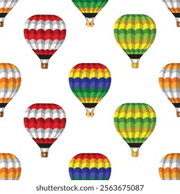 This seamless vector art design showcases vibrant hot air balloons with intricate patterns and colors, floating in a serene sky. Perfect for backgrounds, wallpapers, or whimsical illustrations.