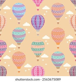 This seamless vector art design showcases vibrant hot air balloons with intricate patterns and colors, floating in a serene sky. Perfect for backgrounds, wallpapers, or whimsical illustrations.