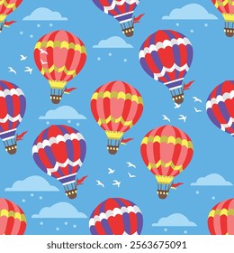 This seamless vector art design showcases vibrant hot air balloons with intricate patterns and colors, floating in a serene sky. Perfect for backgrounds, wallpapers, or whimsical illustrations.