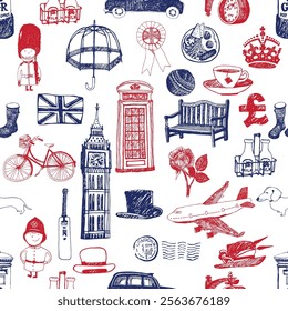 This seamless vector art design features iconic London elements, including Big Ben, red buses, the Tower Bridge, and the London Eye, intertwined with union jack motifs, creating a vibrant cityscape.