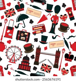 This seamless vector art design features iconic London elements, including Big Ben, red buses, the Tower Bridge, and the London Eye, intertwined with union jack motifs, creating a vibrant cityscape.