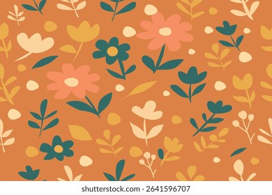 This seamless vector floral pattern features a modern botanical design with a warm, earthy orange background. The composition includes hand-drawn flower elements, soft leaves, and abstract natural 