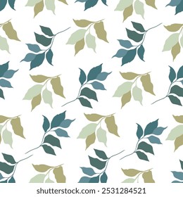 This seamless vector image shows a pattern of green, brown, and dark green leaves and branches on a white background. Perfect for natural and aesthetic design applications, showcasing intricate detail