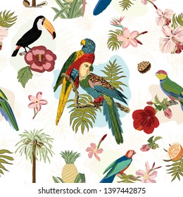 This seamless vector pattern features tropical birds parrots, toucans and flowers, trees, plants. You can use is as repeat pattern for fabric, wallpaper, wrapping paper and other projects.