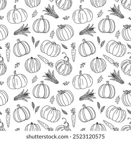 This seamless vector pattern features pumpkins, corn, carrots, and leaves drawn in a doodle style with a black contour. The design creates a cozy and cheerful atmosphere, perfect for seasonal and holi