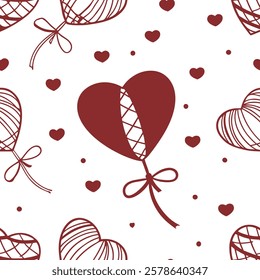 This seamless vector pattern features a charming hand-drawn design of heart-shaped balloons with elegant ribbons and bows, creating a romantic and festive atmosphere.