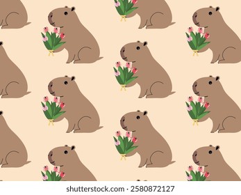  This seamless vector pattern features adorable capybaras holding tulips, creating a cute and playful design. The cheerful, natural elements and soft colors make it perfect for decorative backgrounds 